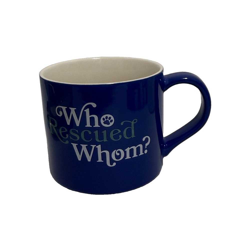 Parker Lane  'Who Rescued Whom?' Coffee Cup Mug 16oz Stoneware, Blue.